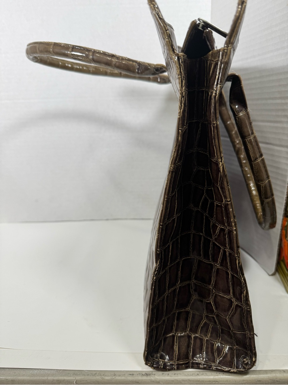 Murval Croc-Embossed Brown Patent Top-Handle Tote Laptop Bag - Picture 10 of 13